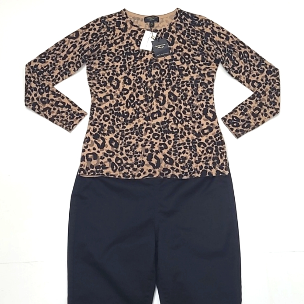 Charter Club Cashmere Sweater Crew Neck Leopard Cheetah Animal Print NWT Sz. Sm.